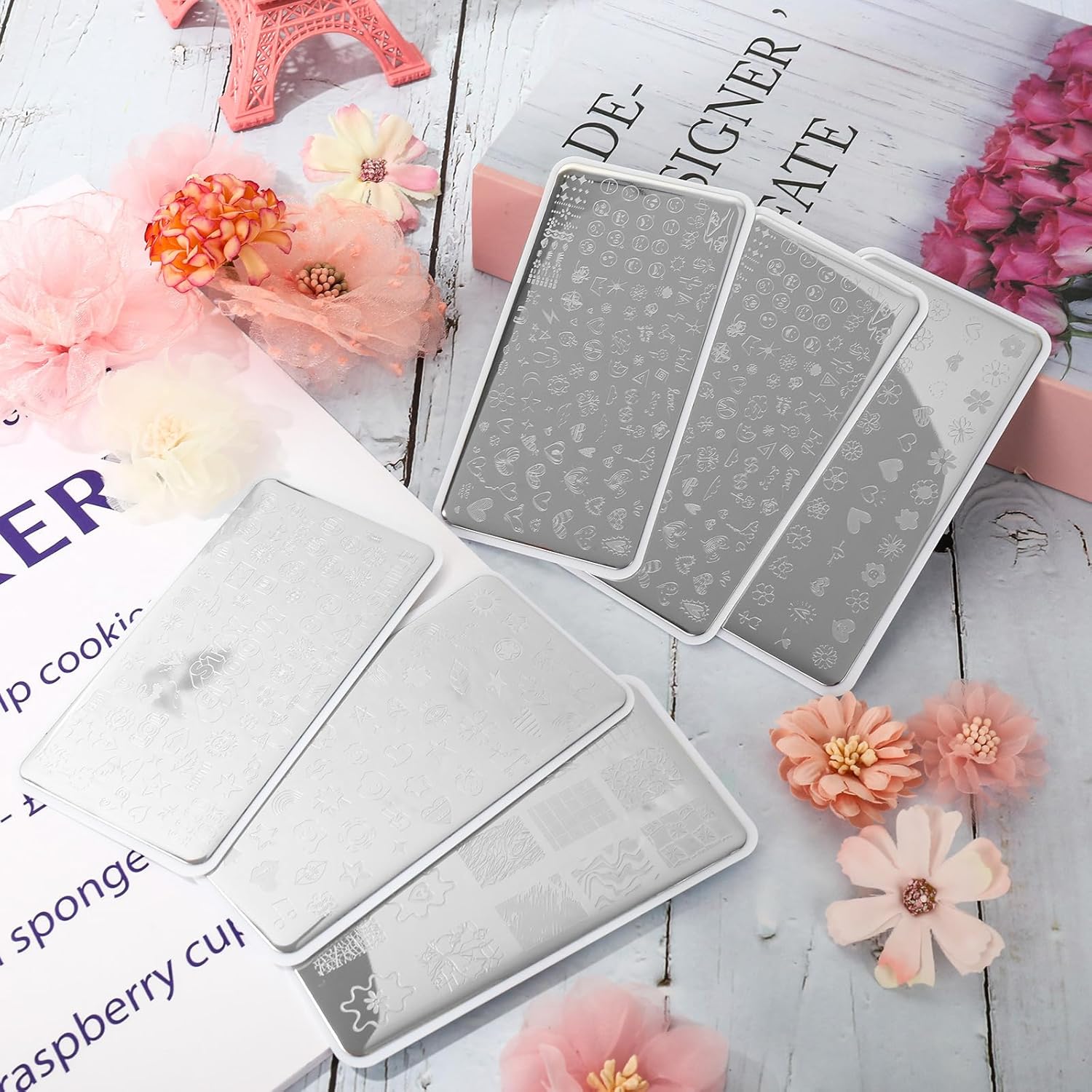 Whaline 6Pcs Preppy Nail Plates Stamping Set Heart Flower Butterfly Star Smiling Stamp Templates Groovy Nail Art Plates for DIY Print Manicure Salon Design Gift-Velvo Beauty