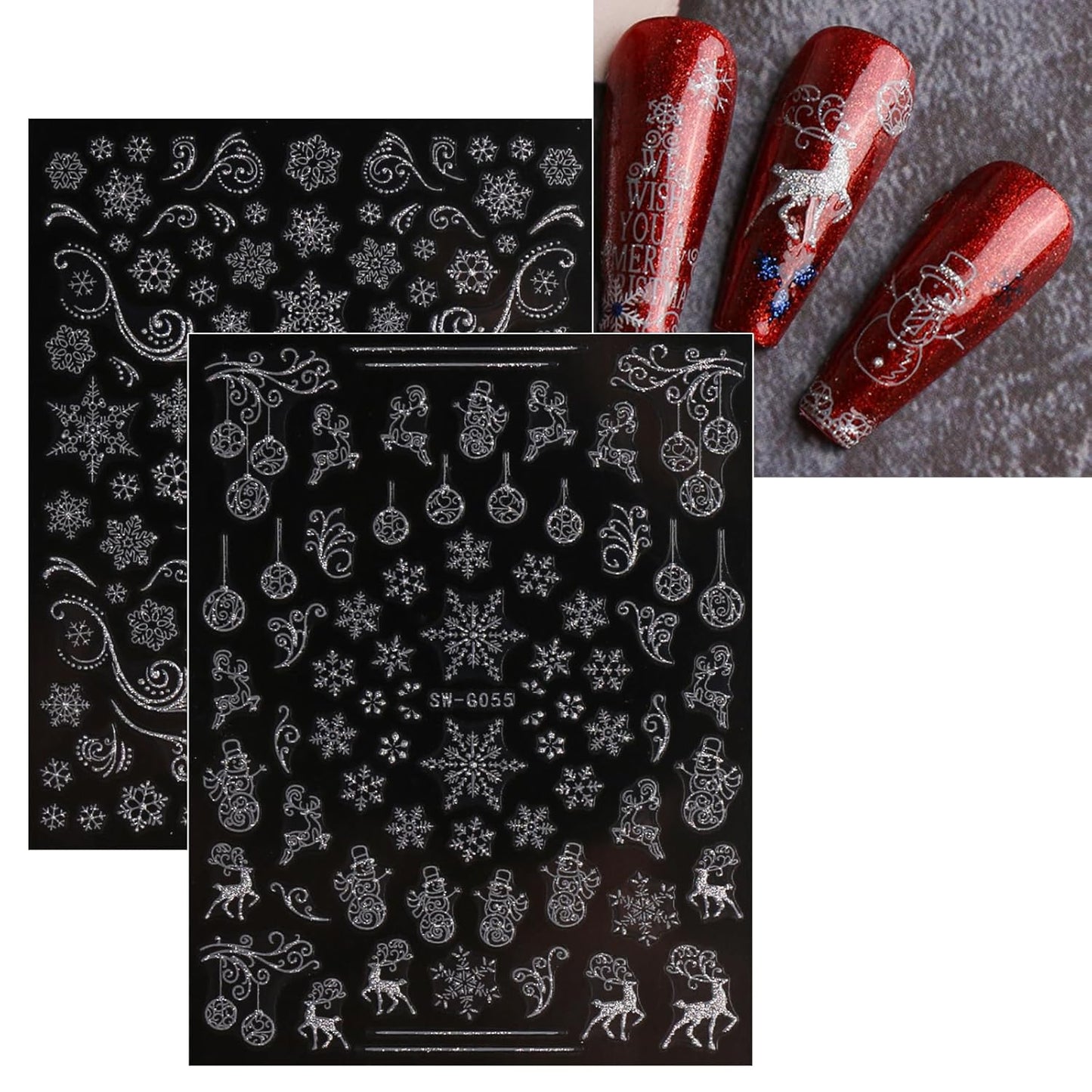 JMEOWIO 9 Sheets Christmas Glitter Nail Art Stickers Decals Self-Adhesive Snowflake Winter Holiday Silver Nail Supplies Nail Art Design Decoration Accessories-Velvo Beauty