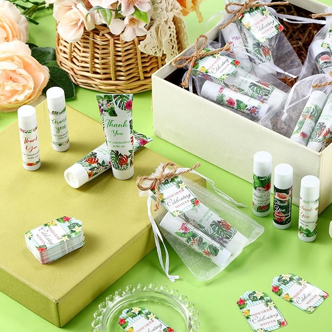 200 Pcs Baby Shower Wedding Party Favors Gift Set, 50 Pcs Baby Shower Hand Cream and 50 Lip Balm for Wedding Bridesmaid Guests Gift Supplies with 50 Organza Bag 50 Thank You Tag(Tropical)-Velvo Beauty