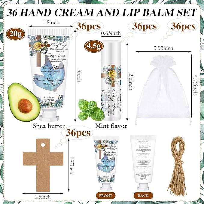 144 Pcs Christian Lip Balm Hand Cream Set Party Favors, Include 36 Bible Lip Balm 36 Moisturizing Hand Cream 36 Bags 36 Cards and Ropes for Accessories Gifts (Biblical, Cross)-Velvo Beauty