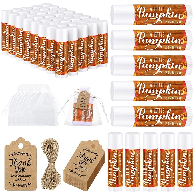 Demissle 50 Pcs Baby Shower Lip Balm Gift Set with 100 Pcs Organza Bags Baby Shower Party Favor for Guest Thank You Tag Rope Baby Shower Party Decoration Gender Reveal Souvenirs(Pumpkin)-Velvo Beauty