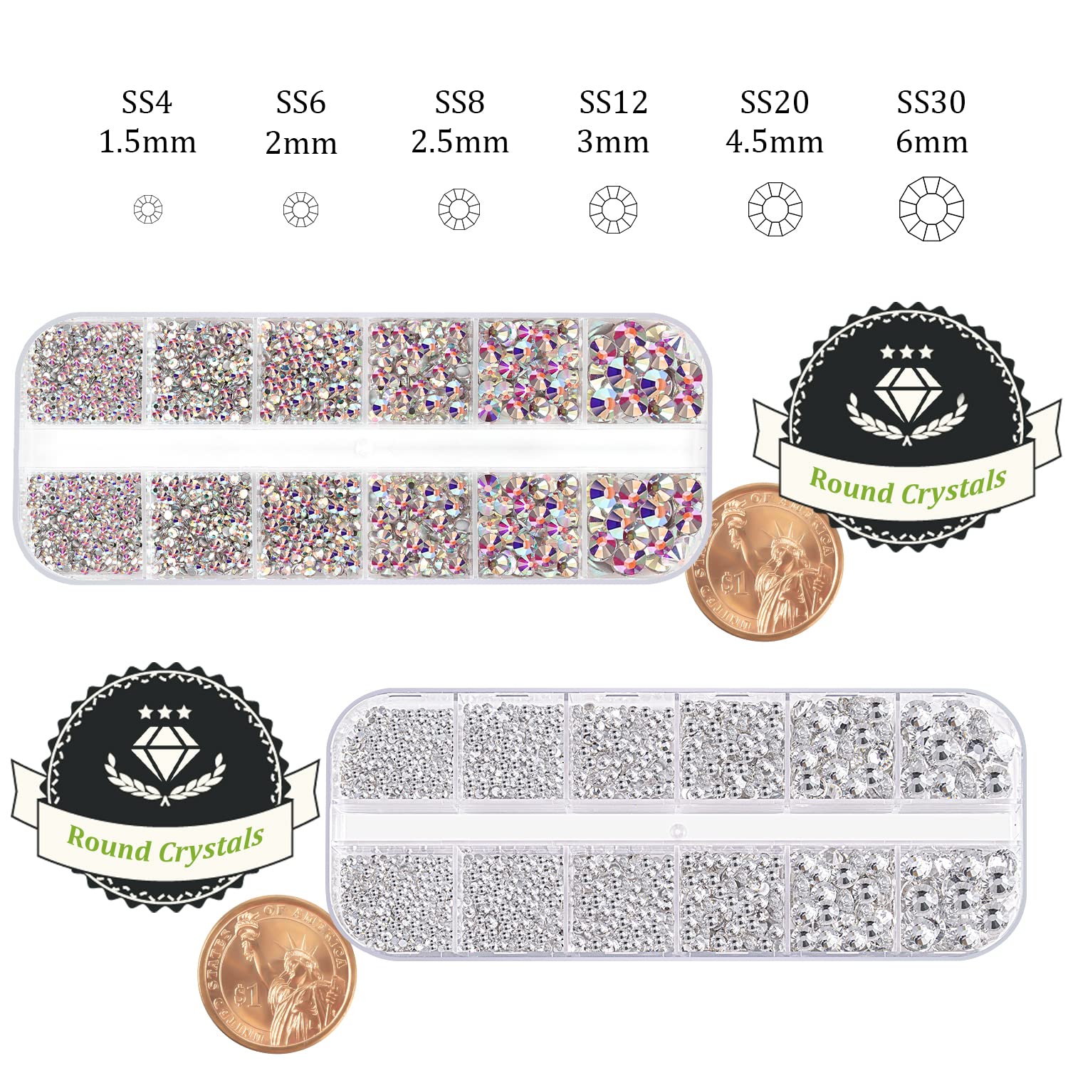 Two Packs of Flatback Rhinestones 4000 Pcs Nail Art Rhinestones Flatback Crystal AB+Transparent White Clear Rhinestone with Picker Pencil and Tweezer for Nail Art and Decoration-Velvo Beauty