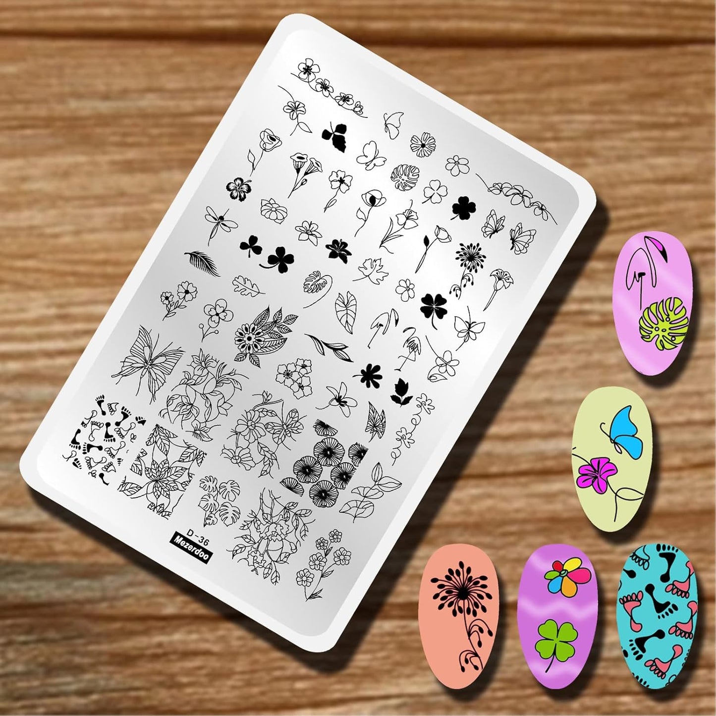 Flowers Leaf Nail Stamping Plates 2pcs Large Nail Stamper Plate Daisy Flower Flamingo Butterfly Image Stamp Templates Reusable Stencils Clover Plantillas Manicure Stamping Plate Template for Girls-Velvo Beauty