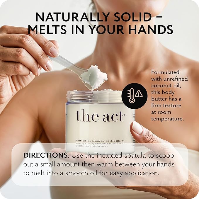 THE ACT Solid Coconut Body Butter – Organic Vegan Moisturizer with Shea & Almond Oils – Melts in Hands – Massage Balm for Dry Skin – Natural Skincare for Women & Men – 6 oz with Spatula-Velvo Beauty