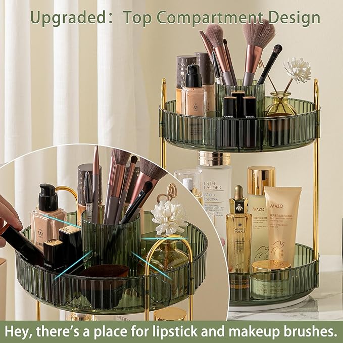Rotating Makeup Organizer for Vanity, High-Capacity Skincare Clear Make Up Storage Perfume Organizers Cosmetic Dresser Organizer Countertop 360 Spinning (Green, New-2 Tier)-Velvo Beauty