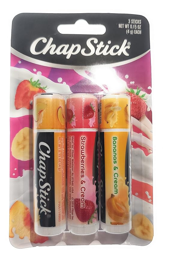 ChapStick (1) Pack Lip Balm Sticks - 3pc Set Includes: Peaches & Cream, Strawberries & Cream, Bananas & Cream - Paraben Free-Velvo Beauty