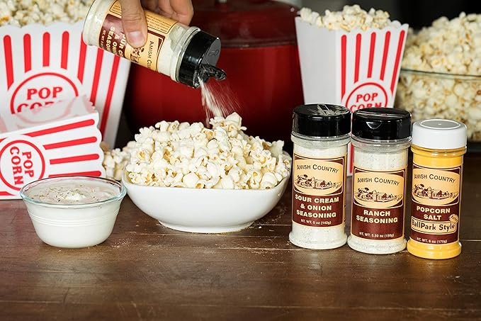 Amish Country Popcorn | Seasoning Variety Pack | Ballpark Style ButterSalt - 5.5 oz, Ranch - 5.5 oz & Sour Cream and Onion - 4.7 oz Popcorn Seasoning | Old Fashioned, Non-GMO and Gluten Free-Velvo Beauty