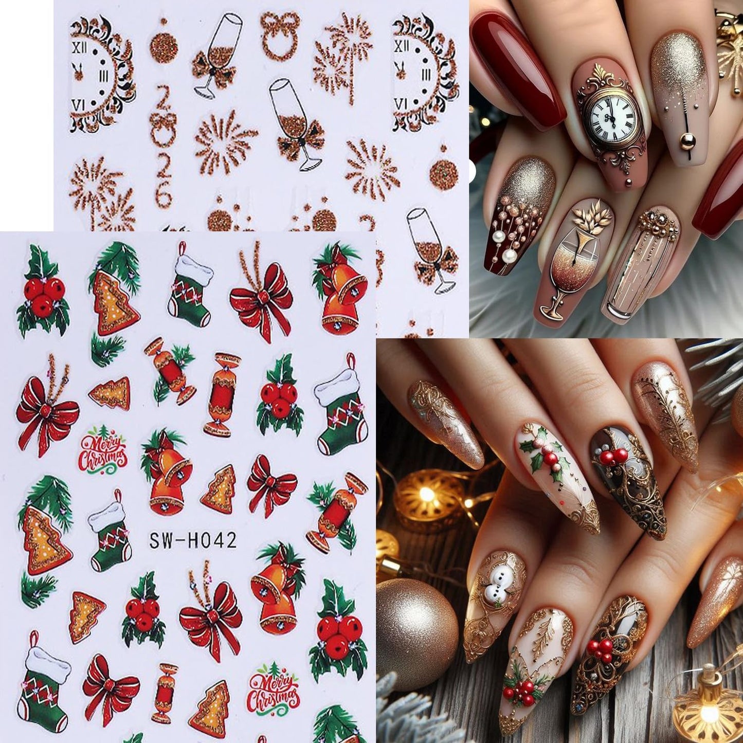 4Sheet Christmas Nail Art Stickers Santa Claus Elk Snowflake Nail Decals 3D Self-Adhesive Fireworks Clock Bow Designs Nail Supplies Winter Xmas Nail Sticker Nail Art for Women DIY New Year Nail Decor-Velvo Beauty