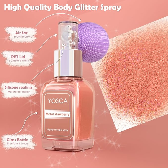 Yosca Highlighter Powder Spray, 20ML Cosmetic Grade Shimmer Powder Glitter Spray Sparkle Highlighter Makeup Festival Concert Accessorise for Rave Clothes Hair Face Nail Art - Metal Stawberry-Velvo Beauty