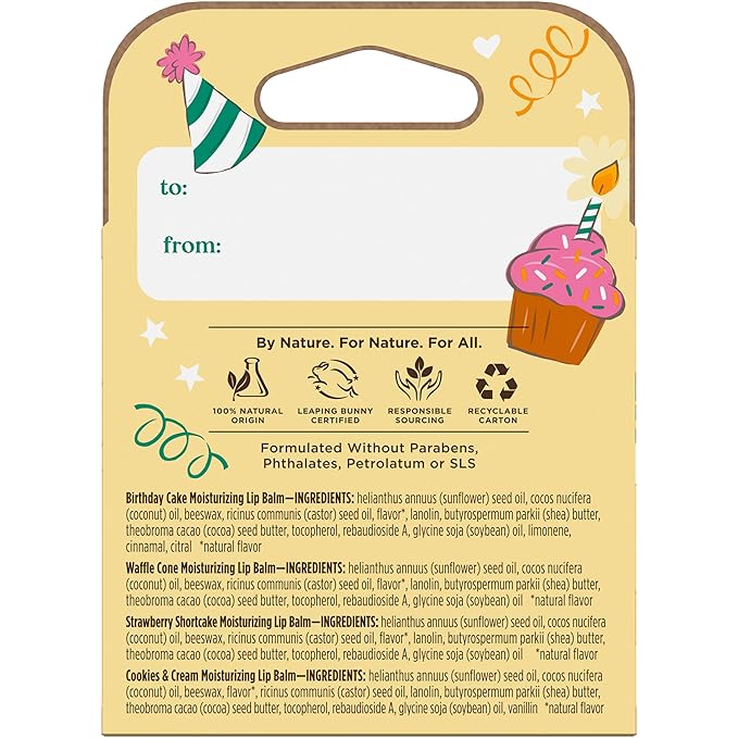 Burt's Bees Lip Balm Party Pack - Birthday Cake, Waffle Cone, Strawberry Shortcake, and Cookies & Cream, All Day Moisturizer, Tint-Free, Natural Origin Conditioning Lip Treatment, 4 Tubes, 0.15 oz.-Velvo Beauty