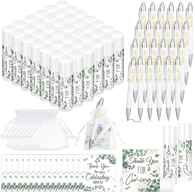 50 Set Bulk Thank You Combo Gifts Include Lip Balms Appreciation Ballpoint Pen Thank You Card Organza Drawstring Gift Bag Pouch for Wedding Parties Baby Shower Favors, Eucalyptus Leaves Style-Velvo Beauty