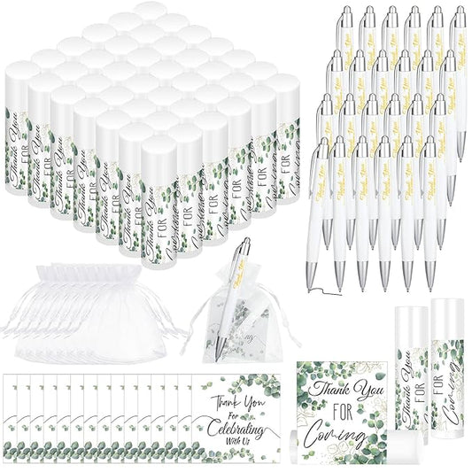 50 Set Bulk Thank You Combo Gifts Include Lip Balms Appreciation Ballpoint Pen Thank You Card Organza Drawstring Gift Bag Pouch for Wedding Parties Baby Shower Favors, Eucalyptus Leaves Style-Velvo Beauty