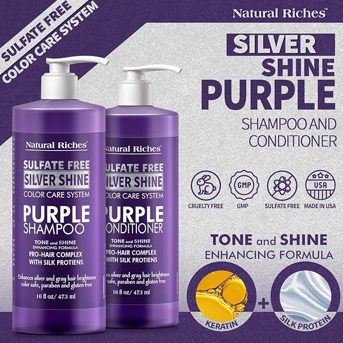 Natural Riches Radiant Silver Shine Purple Shampoo and Conditioner Set for Gray Hair - Paraben-Free and Color Safe – With Silk Proteins, Tones Dull Hair, Softens & Adds Shine - 16 fl oz-Velvo Beauty
