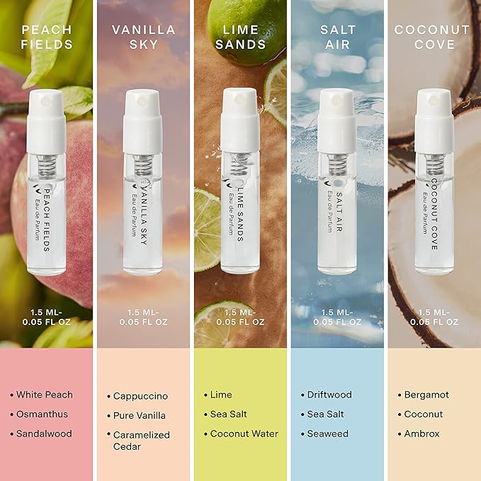 Skylar Perfume Discovery spray Sampler Set - Peach Fields, Vanilla Sky, Lime Sands, Salt Air, Coconut Cove - Hypoallergenic & Clean Perfume for Women & Men - 5 1.5mL-Velvo Beauty