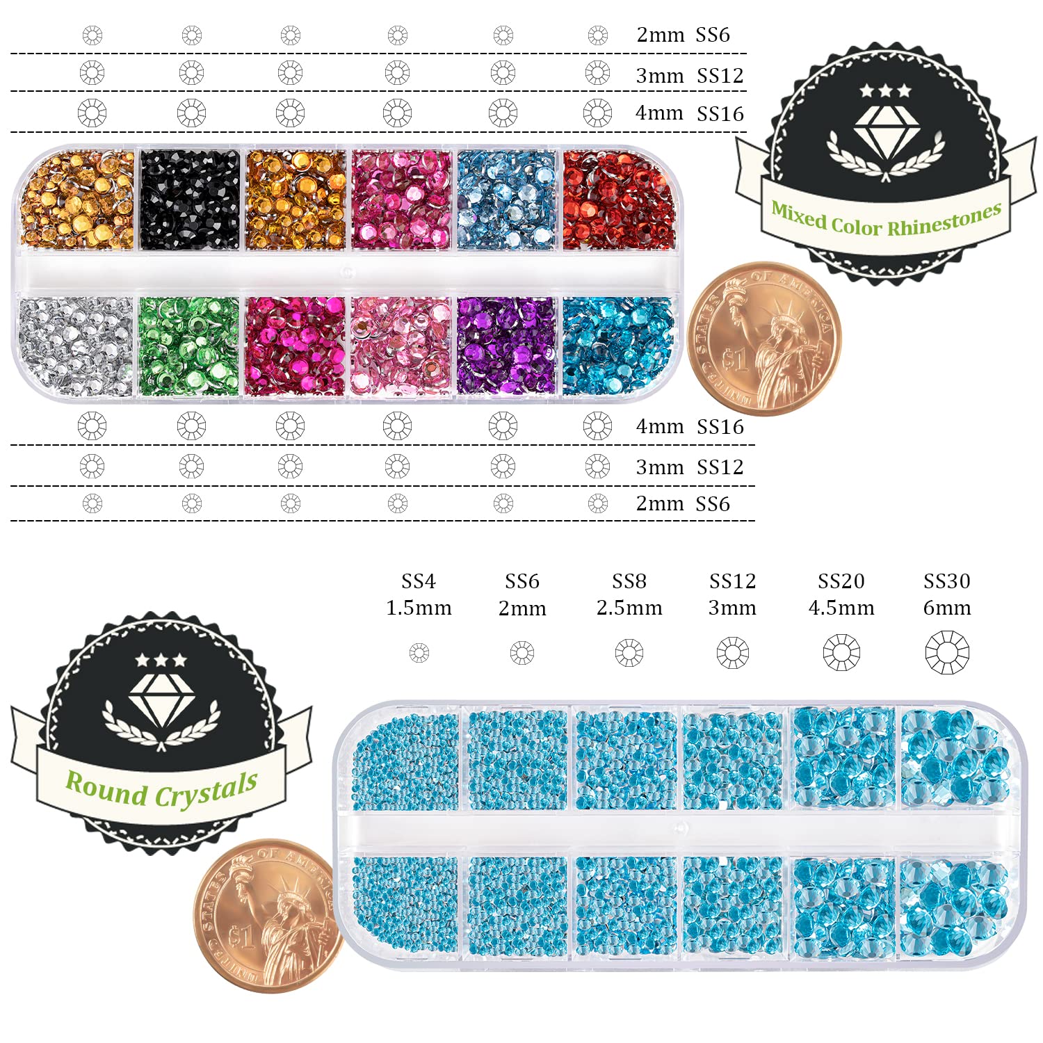 Two Packs of Flatback Rhinestones 4520 Pcs Colorful Nail Art Rhinestones Flatback Crystal Colorful+Lake Blue Rhinestone with Picker Pencil and Tweezer for Nail Art and Decoration-Velvo Beauty