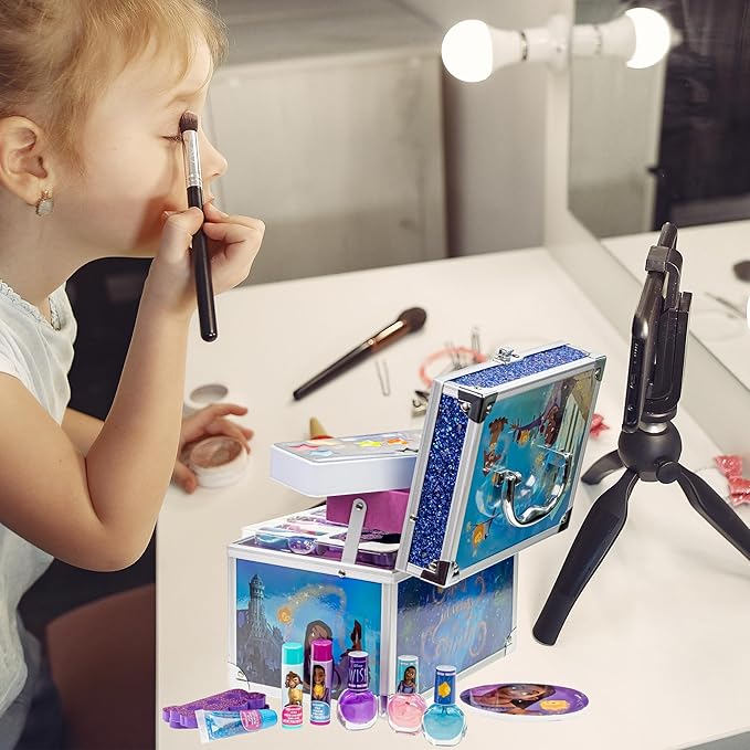 Disney Wish - Townley Girl Train Case Cosmetic Makeup Set Includes Lip Gloss, Eye Shimmer, Brush, Nail Polish, Accessories & more! for Girls, Ages 3+ perfect for Parties, Sleepovers & Makeovers-Velvo Beauty