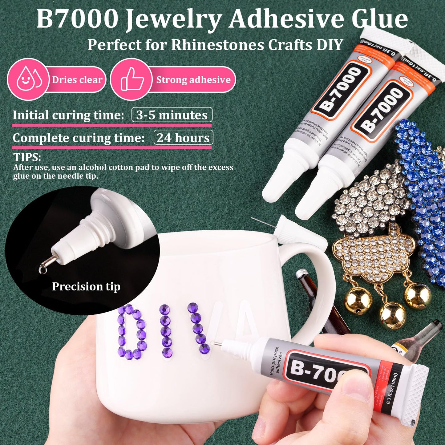 Resin Rhinestones for Crafting with B7000 Jewelry Glue, 1 Box Blue Purple Flatback Crystals with 3Pcs 10ml Glue for Bedazzling Crafts DIY Nail Art Makeup，Non Hotfix Gems for Clothing Shoes-Velvo Beauty