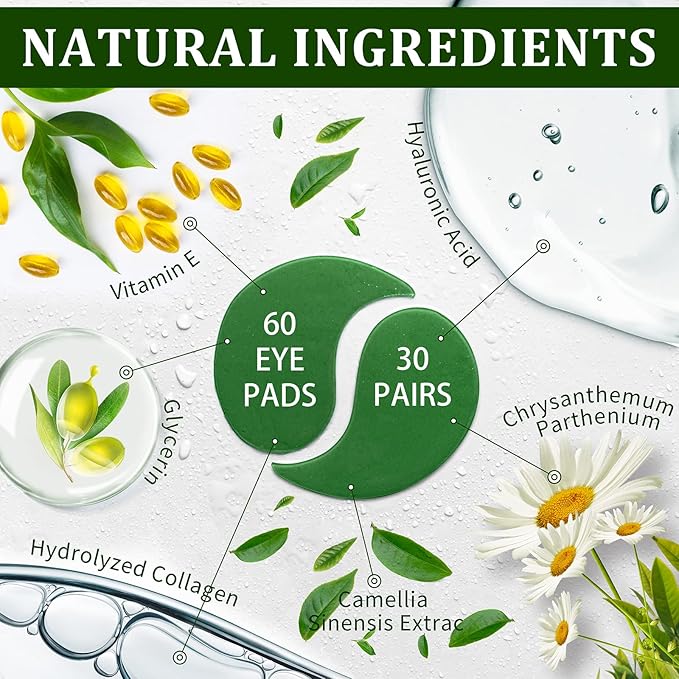 Under Eye Patches, Eye Masks, 30 Pairs Collagen Patches for Nourish Firming Repair for Fine Lines, Wrinkles, Dark Circles Bags Eye Treatment, Improve Lines Puffiness for men women (Green Tea)-Velvo Beauty