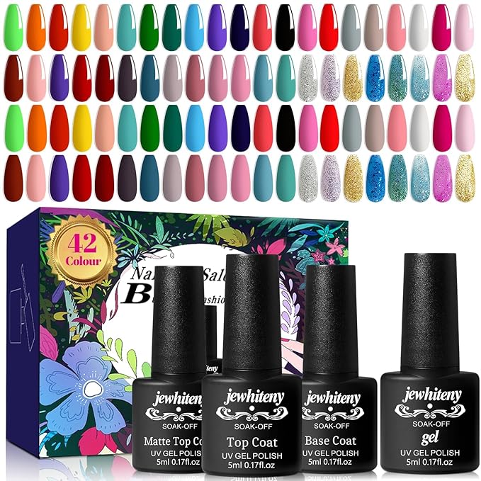 JEWHITENY 45 PCS Gel Nail Kit with 42 Colors Nail Polish Set Green Blue Red Pink Collection Gifts for Women-Velvo Beauty