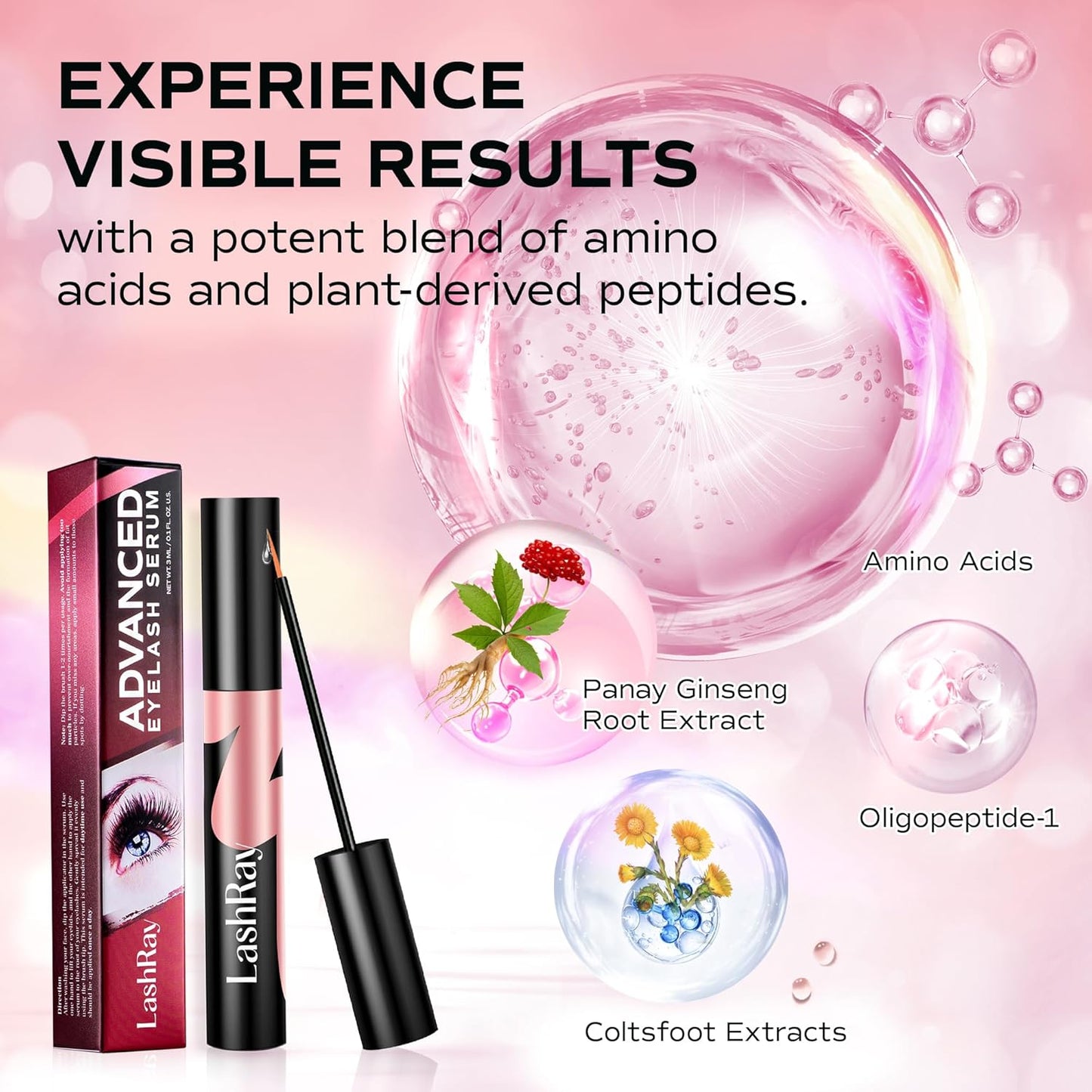 Advanced Lash Serum for Eyelash Growth: LashRay Eye Lash Enhancing Serum to Grow Longer Thicker Eyelashes and Eyebrows for Women, 0.1 oz-Velvo Beauty