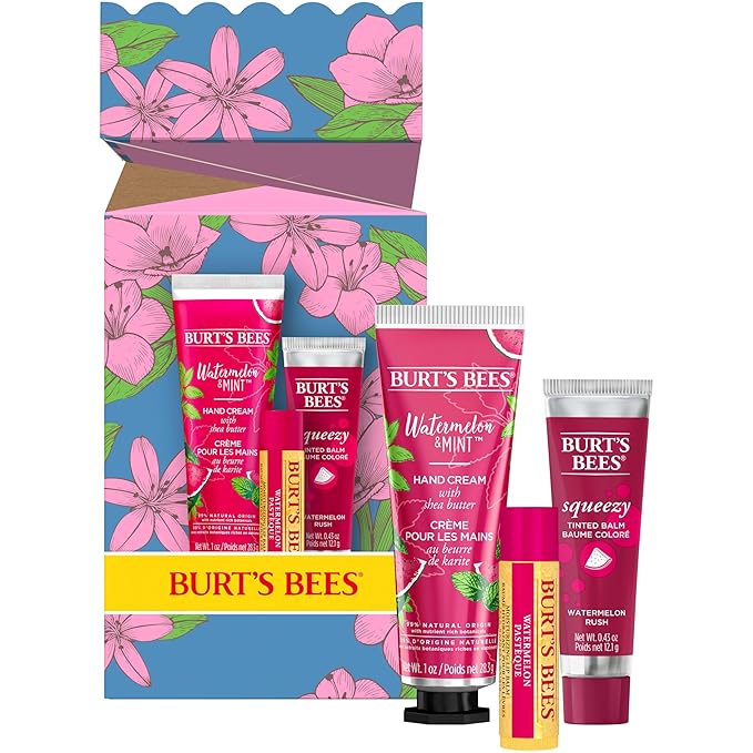 Burt's Bees Mothers Day Gifts for Mom, 3 Self Care Products, You're One in a Melon - Watermelon & Mint Hand Cream, Watermelon Lip Balm & Watermelon Rush Squeezy Tinted Lip Balm (Packaging May Vary)-Velvo Beauty
