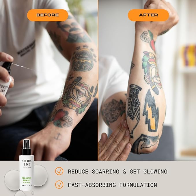 Stories & Ink Tattoo Care | HIGHLIGHTING BODY OIL for healed skin - Refreshes Faded Tattoos for Instant Tattoo Glow, 100 mL / 3.4 Fl Oz-Velvo Beauty
