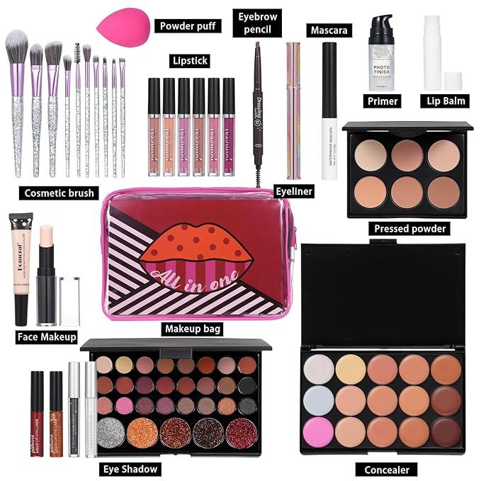 Makeup Kit For Wonmen Full Kit Eyeshadow Eyeliner lipgloss, Lipstick Makeup brushes Mascara Eyebrow pencil Concealer Face Powder Primer make up Set For Girls Beginners-Velvo Beauty