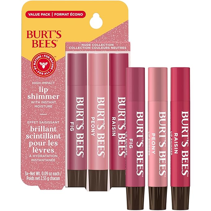 Burt's Bees Lip Shimmer Nude Collection, Tinted Lip Balm Stick, Moisturizing for All Day Hydration with Natural Glowy Pigmented Finish & Buildable Color, 3 Warm Shades; Value Pack, 3 Tubes x 0.09 Oz-Velvo Beauty