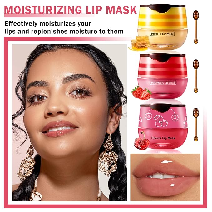 NVLEPTAP 3PCS Bee Lip Balm Honey Pot Honey Lip Balm Strawberry Honey Cherry Lip Sleeping Mask Moisturizing Hydrating Lip Care Products Honey Pot Lip Balm with Stick-Velvo Beauty