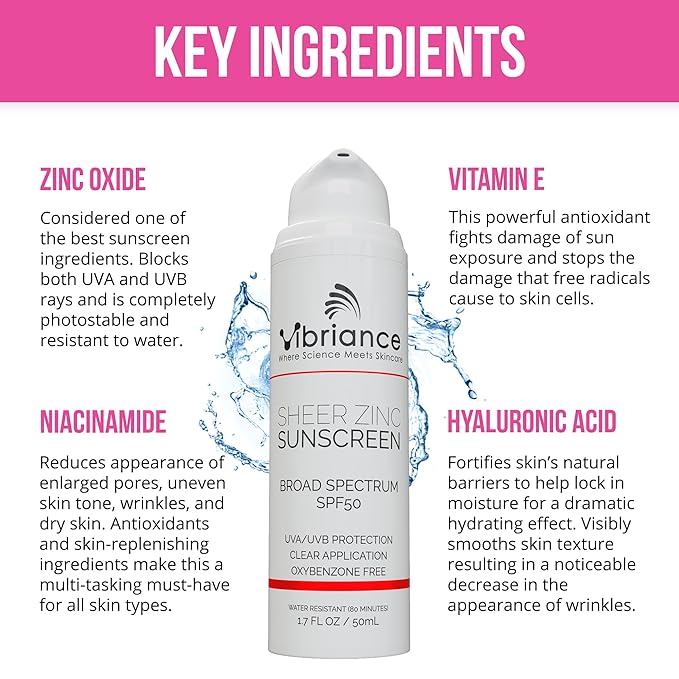 Vibriance Sheer Zinc Sunscreen - Tinted Sunscreen for Face SPF 50, Lightweight Facial Moisturizer with Niacinamide, Hyaluronic Acid - 1.7 fl oz-Velvo Beauty