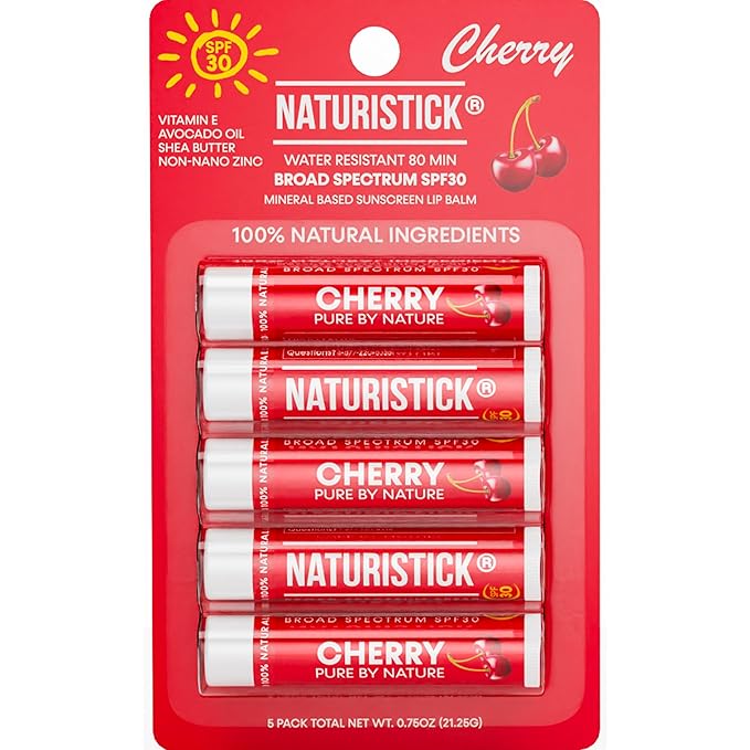 Naturistick SPF 30 Vegan Lip Balm – Mineral Sunscreen with Zinc Oxide | Broad Spectrum UVA/UVB Protection | 100% Natural, Coral-Friendly Formula | Oxybenzone Free | 5-Pack Cherry | Made in USA-Velvo Beauty
