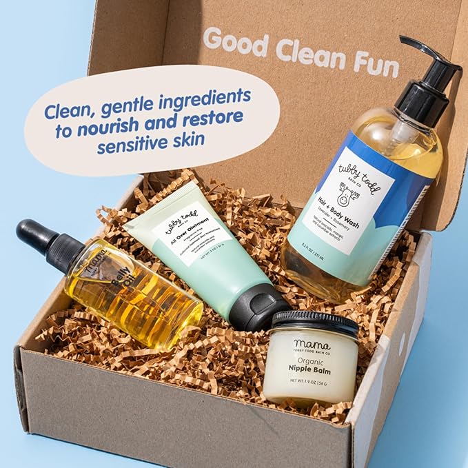 Tubby Todd New Baby & Mom Sensitive Skincare Kit - The Mama + Baby Gift Set - Baby Shampoo and Body Wash, All Over Ointment, Belly Oil & Nipple Balm - Standard Size Fragrance-Free-Velvo Beauty