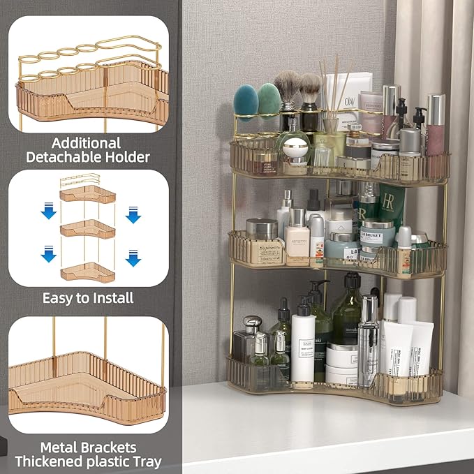 Corner Bathroom Counter Organizer with Top Toothbrush Holders, 3-Tier Make Up Organizers for Vanity with Brush Holder, Corner Storage for Bathroom, Kitchen, Dresser-Velvo Beauty