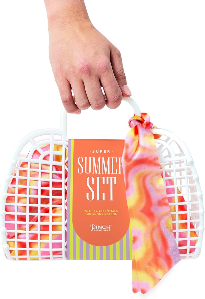 Pinch Provisions Super Summer Jelly Tote, 12 Beach & Poolside Accessories For Beauty, Perfect for Pool & Beach Days, Includes Oil Absorbing Roller, Rechargable Fan, Towel Clips, & Ice Roller-Velvo Beauty