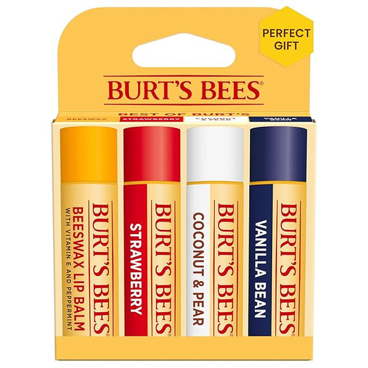 Burt's Bees Lip Balm - Beeswax, Strawberry, Coconut and Pear, and Vanilla Bean, With Responsibly Sourced Beeswax, Tint-Free, Natural Origin Lip Treatment, 4 Tubes, 0.15 oz.-Velvo Beauty