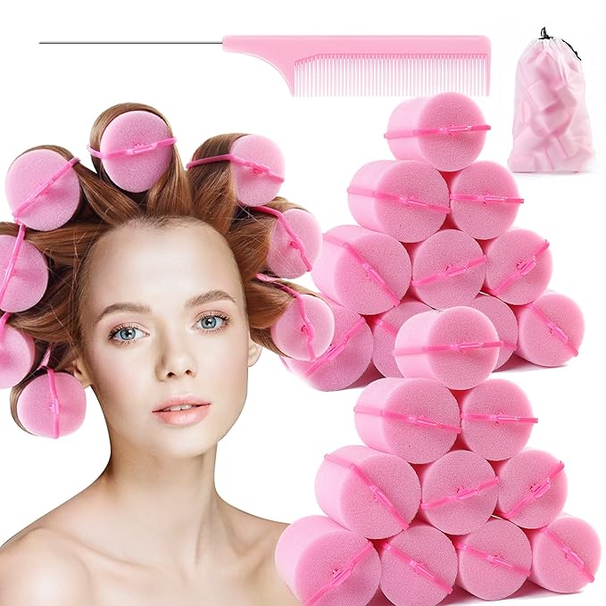 BEAUTIYAND Jumbo Foam Sponge Hair Roller Soft Sleeping rollers Curvy Wavy Hairstyle Curling Hair Styling Tools 24 Pieces Use For Long Hair Short Hair Ladies And Children 2"X2.75" (Pink)-Velvo Beauty