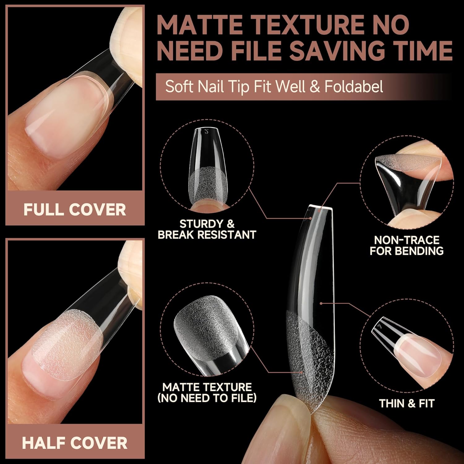 UNA GELLA Coffin Nails Tips, 216 PCS Soft Gel Nail Tips Coffin Half Matte Full Cover False Nails Pre-shaped Clear Acrylic Press on Nails Medium for Nail Extensions Home DIY Salon, 12 Sizes-Velvo Beauty