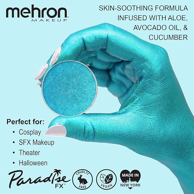 Mehron Makeup Paradise Makeup AQ Refill Size | Stage & Screen, Face & Body Painting, Cosplay, Halloween | Water Activated Face Paint, Body Paint, Cosplay Makeup .25 oz (7 ml) (Metallic Light Blue)-Velvo Beauty