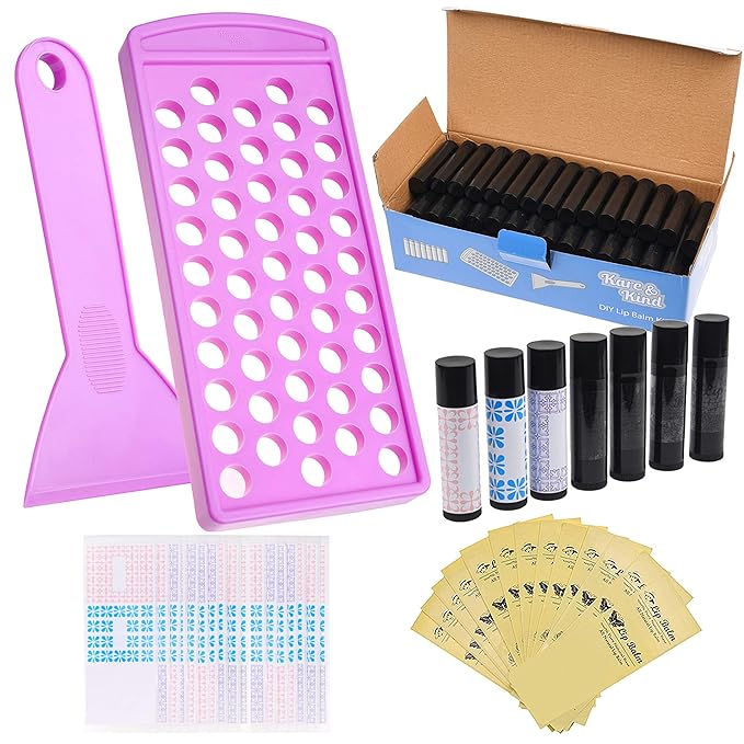 Lip Balm Filling Tray Kit - 1x Filling Tray, 1x Spatula, 50x Lip Balm Tubes (Black), 50x Writable Sticker (3 colors), 50x Printed Stickers (Transparent) - DIY Homemade Lip Balm - Gift Idea-Velvo Beauty
