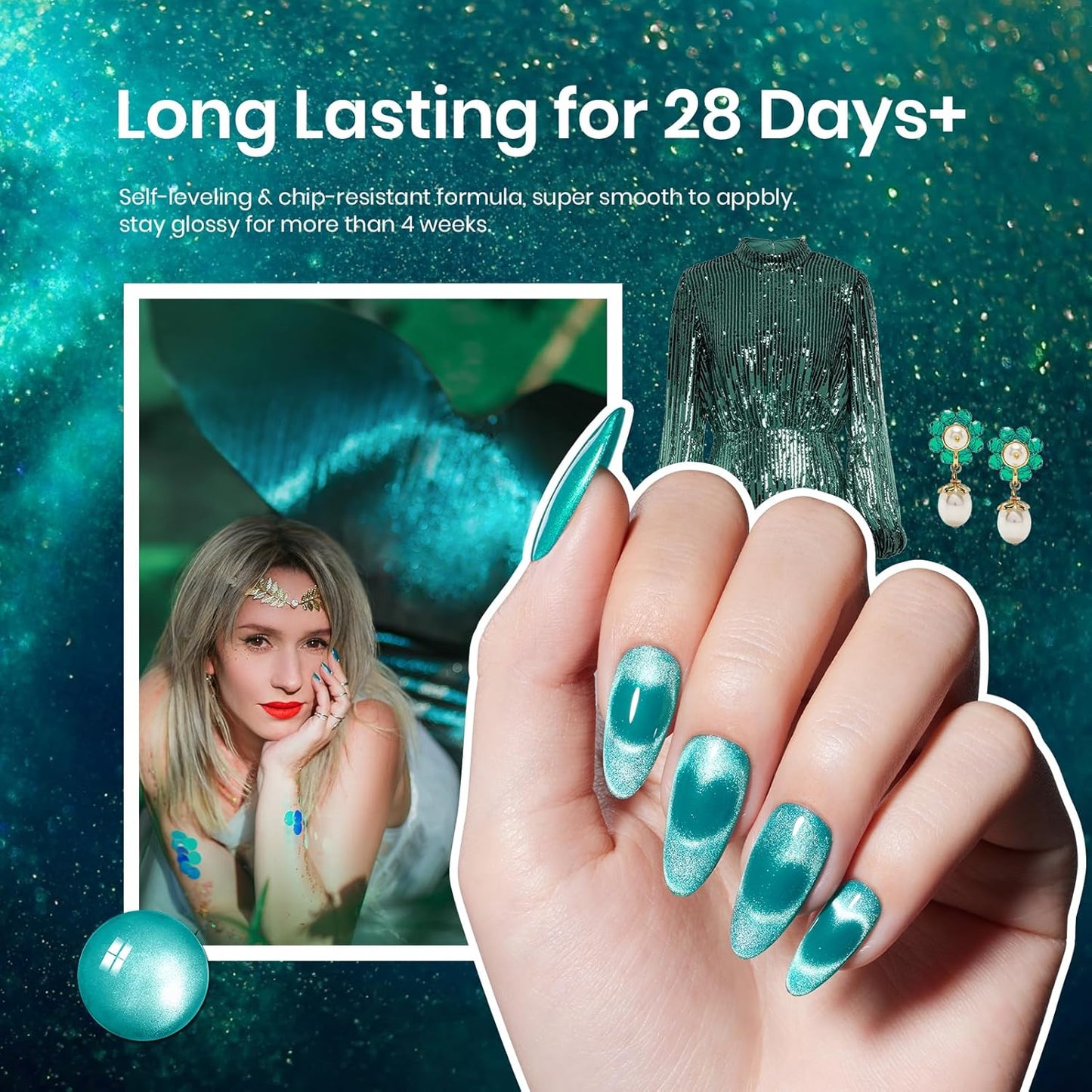 Beetles Green Cat Eye Gel Nail Polish - 15M Green Glass Cat Eye Gel Polish with Magnet Shimmer Translucent Sheer Color Soak Off UV Teal Radiance Series French Nail Art Gift for Women-Velvo Beauty
