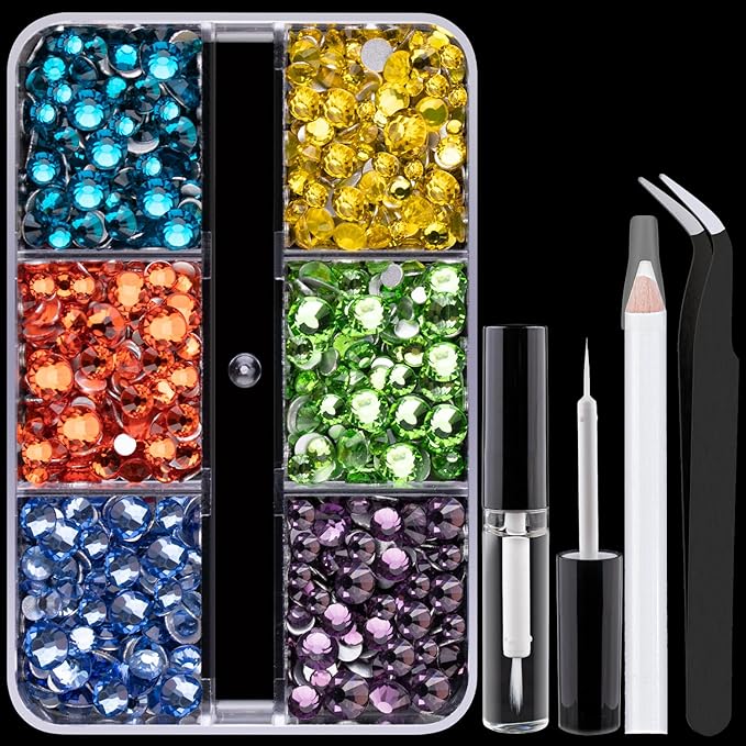 Colorful Face Gems for Makeup Set, Flatback Gorgeous Charming Mixed-Colored Crystals with Makeup Glue+Picker Pencil+Tweezer for Eye Body Hair Make-up and Nail Art Deco-Velvo Beauty