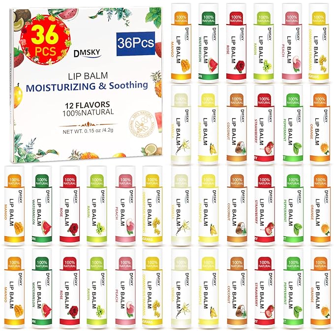 DMSKY 36 Pack Lip Balm, Natural Lip Balm Bulk with Vitamin E and Coconut Oil, Moisturizing Soothing Chapped Lips, Gifts for Women Stocking Stuffers Party Favors-Velvo Beauty