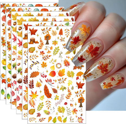 6Pcs Fall Nail Stickers for Nails Art - Cute Pumpkin Nail Decals Yellow Fallen Leaves for Nails Autumn Maple Leaf Theme Thanksgiving Nail Design Adhesive Sticker Sliders for Women Nail Art Decorations-Velvo Beauty