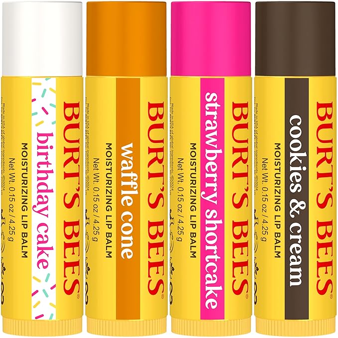 Burt's Bees Lip Balm Party Pack - Birthday Cake, Waffle Cone, Strawberry Shortcake, and Cookies & Cream, All Day Moisturizer, Tint-Free, Natural Origin Conditioning Lip Treatment, 4 Tubes, 0.15 oz.-Velvo Beauty