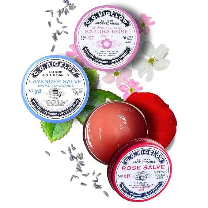 C.O. Bigelow All Purpose Salves, Variety Pack of 3 Lip Balm Tins for Chapped Lips & Dry Skin - Classic Rose, Lavender & Sakura Rose Moisturizing Lip and Skin Salves, 0.8 oz each-Velvo Beauty