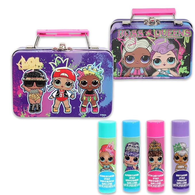 LOL Doll Lip Balm Set - Bundle with 4 LOL Doll Lip Balm Tubes, Carrying Tin, Stickers and More | LOL Doll Lip Balm Kit for Kids, Girls-Velvo Beauty
