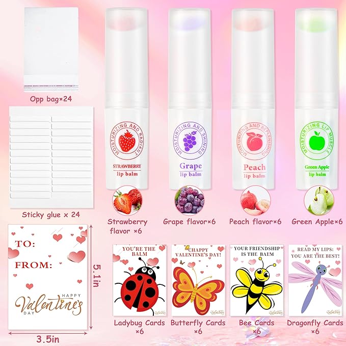 24 Pack Valentines Day Gifts for Kids lip balm bulk,chapstick bulk,party favors for kids boys girls,Natural Moisturizing Lip Balm for dry cracked lips,goody bag filler,Wedding Gifts-Velvo Beauty