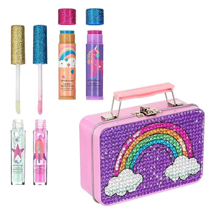 Expressions 5pc Rainbow Rhinestones Cosmetics Lip Kit For Kids w/Lip Glosses, Lip Balms & Tin Box Storage Case Magical Lip Set,Washable + Non Toxic-Velvo Beauty
