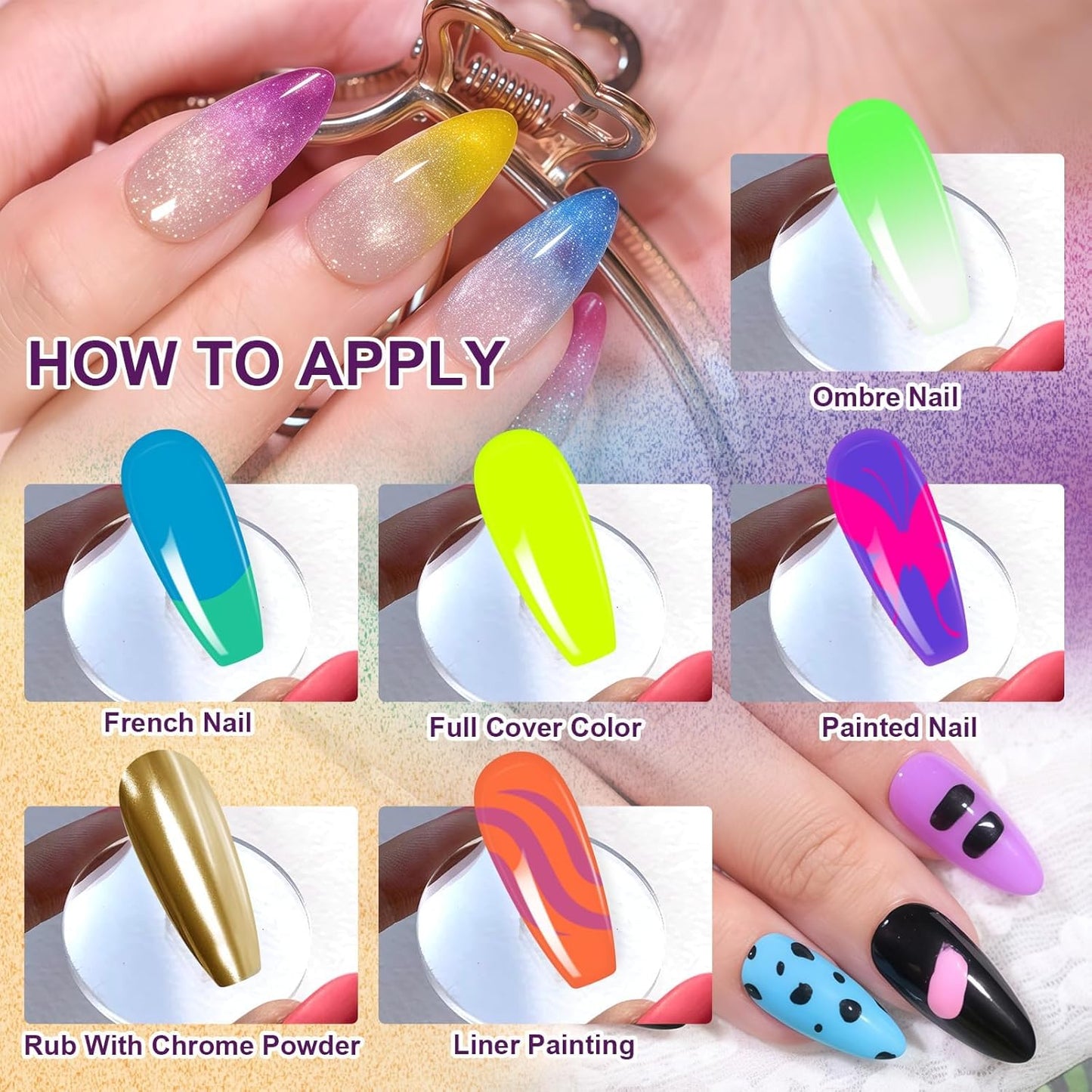 Gradient Painting Gel, Bright Neon Color for Ombre Fluorescent Jelly Nail Polish Platte Kit with 100pcs Sponges&Tweezers for Pat Nails Aura Nails, French Manicure Palette Cyber Gelight-Velvo Beauty