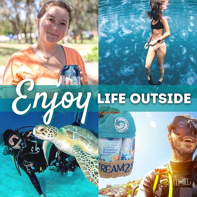 EcoConscious Travel Kit Body & Hair Care Gift Set | Shampoo & Body wash | Conditioner | SPF30, SPF20 and Mineral Sunscreen | SPF 30 Cucumber Mint and Hydrate Cherry Vanilla Lip Balm by Stream2Sea-Velvo Beauty